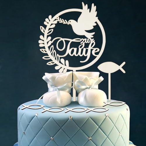 WANYI 7 Stück Cake Topper Taufe Holz Meine Taufe Tortendeko Taufedeko Taufe Tortenstecker Torten Topper Taufe Personalisiert mit Fisch Taube Kuchendekoration Party Dekoration für Junge Mädchen (B) von WANYI