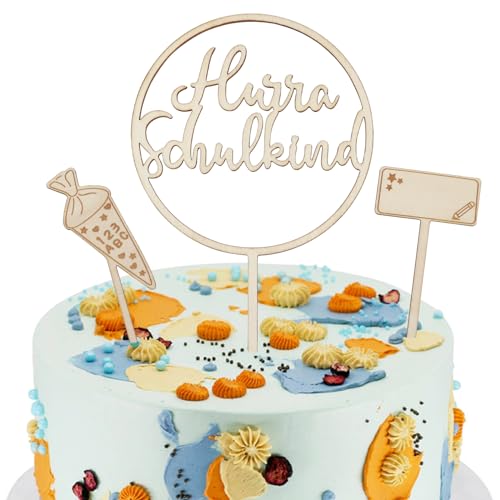 WANYIG 3 Stück Tortendeko Schulkind Deko Holz Einschulung Cake Topper Hurra Schulkind Schulanfang Schuleinführung Streudeko Tortenaufleger Kuchendeko Party Deko Geschenke für Junge Mädchen von WANYIG