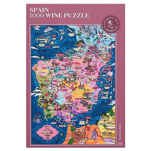 Weinpuzzle Spanien – spannendes und pädagogisches Puzzle 1000 Teile für Erwachsene – einzigartige handgezeichnete Puzzlekarte der spanischen Weine von WATER & WINES