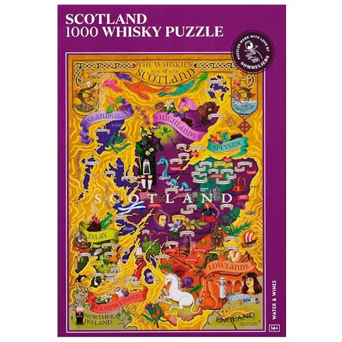 Whisky Puzzle Schottland - Aufregende und pädagogische 1000 Teile Puzzle für Erwachsene - Einzigartige handgezeichnete Puzzlekarte des schottischen Whisky von WATER & WINES