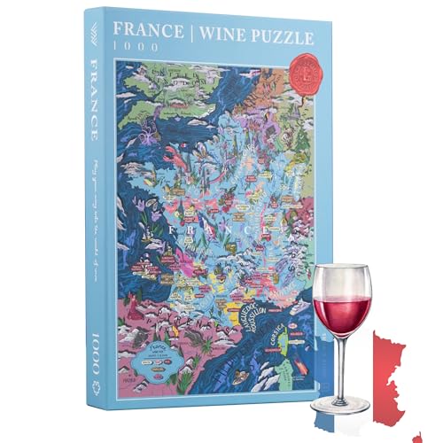 Wine Puzzle Frankreich – spannendes und pädagogisches Puzzle 1000 Teile für Erwachsene – einzigartige handgezeichnete Puzzlekarte der französischen Weine von WATER & WINES