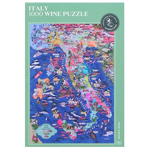 Wine Puzzle Italien – spannendes und pädagogisches Puzzle 1000 Teile für Erwachsene – einzigartige handgezeichnete Puzzlekarte Italienischer Weine von WATER & WINES