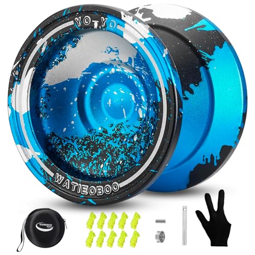 WATIEOBOO Metal Yoyo Professional, Nicht reagierendes Yoyo für Erwachsene, Profi-Metall-Trick-Yoyo mit Jo-Job-Lager-Set, 10 Saiten, Etui und Handschuhen (blau Silber schwarz) von WATIEOBOO