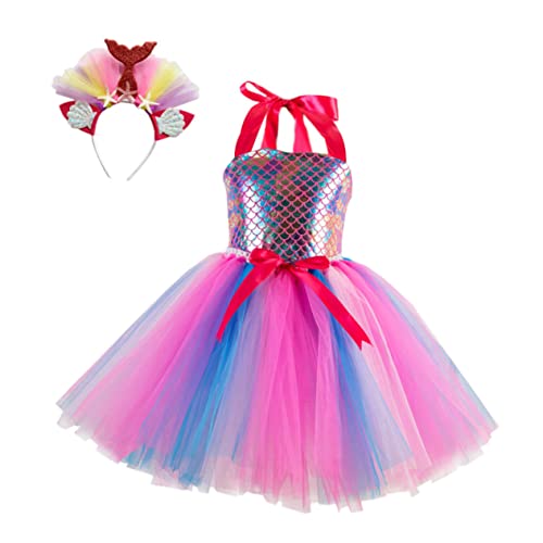 WATIIFUFU 1 Satz Mesh-Rock Gilr Meerjungfrauenkleid Glitzerndes Mesh-Kleid Prinzessinnenkostüme für Mädchen haarband hair- Party-Cosplay-Rock Mädchen kleiden sich Gittergewebe Rosa von WATIIFUFU