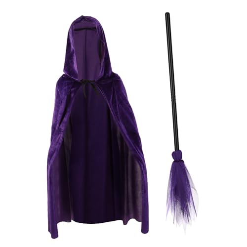 WATIIFUFU 1 Set Lila Besen + Goldener Samtumhang Set Kunststoffbesen Hexenumhang Cosplay Hexenbesen Hexenbesen Dekor Halloween Besenstiel Halloween Umhang Kapuzenumhang Hexenbesen von WATIIFUFU