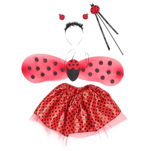 WATIIFUFU 1 Set Mädchen Marienkäfer Kostüm Zum Anziehen Von Mädchen Stirnbänder Mädchen Outfits Mädchen Tutu Rock Anzieh Tutu Rock Für Mädchen Feenstab Marienkäferflügel Und Tutu von WATIIFUFU