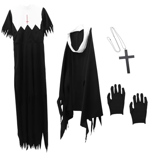 WATIIFUFU 1 Stück Halloween Nonnenkostü Für Erwachsene Gruselige Kostümparty Verkleidung Mit Kleid Und Haube Ideal Für Karneval Und Fasching von WATIIFUFU