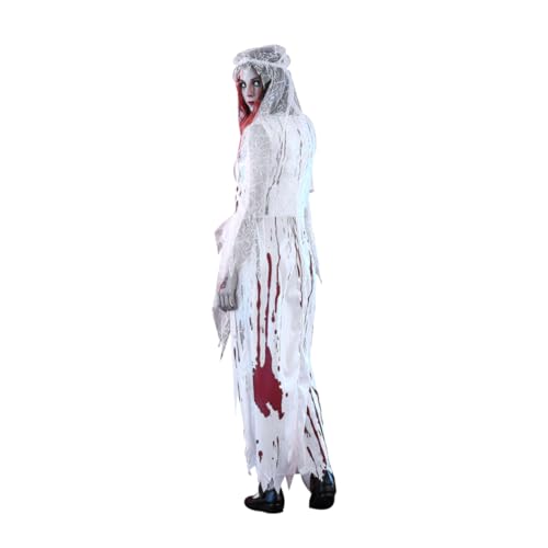 WATIIFUFU Kostüm Für Erwachsene Frauen Unregelmäßiges Blut Leichenbraut Halloween Kleid Mit Schleier Lange Form Größe M Perfekt Für Kostüm Partys Und Cosplay Weiß von WATIIFUFU