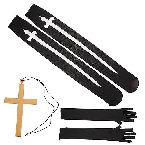 WATIIFUFU Traditionelles Gothic Strümpfe Kostüm Kleidung Hohe Oberschenkel Halskette für mit Liefert Frauen Cosplay Socken Teiliges Karnevalsnonnen Nonne Eine Kreuzanhänger Drucken von WATIIFUFU