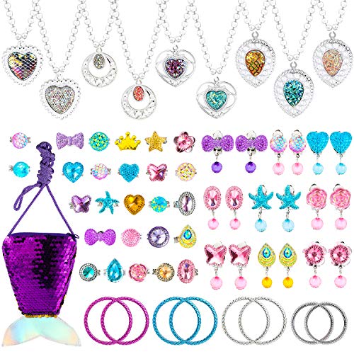 WATINC 62 Stück Kinder Schmuckset Prinzessin Schmuck Spielzeug Kostüme Dress Up Zubehör enthält Meerjungfrau Handtasche Halskette Ohrringes Ringe Armbänder für Mädchen Geburtstags Gastgeschenk von WATINC