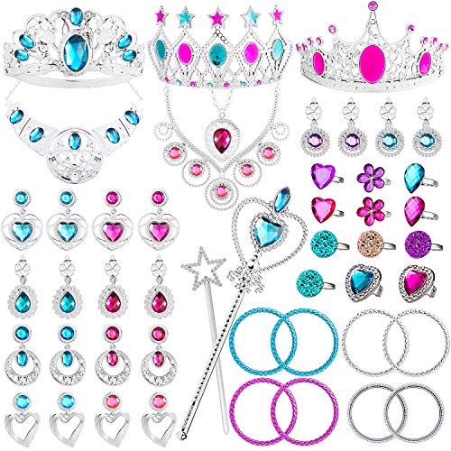 WATINC 46 Stück Prinzessinnen Schmuck Spielzeug Set für Kinder Prinzessin Kostüme Dress Up Zubehör Set enthält Tiara Krone Halskette Zauberstab Ohrringes Ringe Armbänder für Rollenspiel Party Zubehör von WATINC