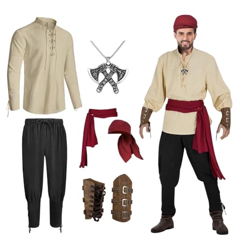 Mittelalter Kleidung Herren Set, Mittelalterliches Piratenhemd, Mittelalter Hose, Viking Kostüm, Beinhaltet Langarmshirt, Freizeithosen in Übergröße, Armband, Kopftuch, Gürtel und Halskett (XL) von WAVATA