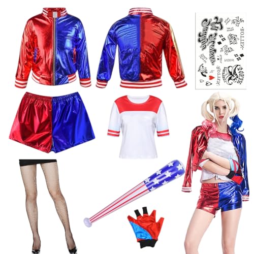 WAVATA Erwachsenenkostüm, tätowiertes Clown-Kostüm-Set, kommt mit Jacke, Lederhose, kurzen Ärmeln, Fahnenstab, Strümpfen, Tattoo-Aufklebern, geeignet für Halloween, Karneval, Cosplay-L von WAVATA