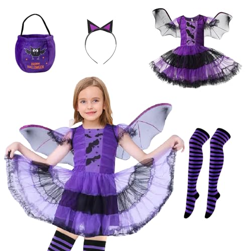 Halloween Kostüm Mädchen Fledermaus,Halloween Kostüm Mädchen,Hexe, Cosplay-Kostüm, Tutu, Kinder-Set, inklusive Rock, Stirnband, blau-lila, schwarz/schlanke Streifen, 35 Socken, Fledermaustasche-100 von WAVATA