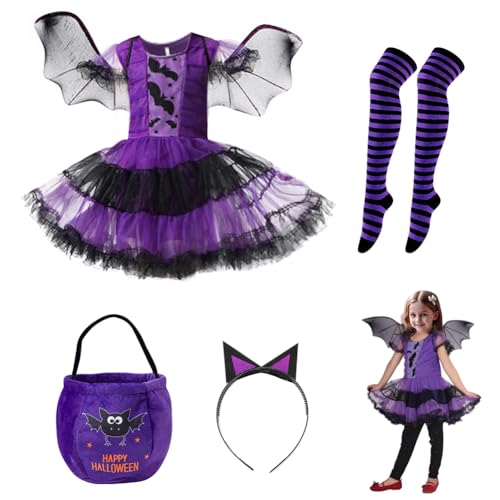 WAVATA Halloween Kostüm Mädchen, Hexe, Cosplay-Kostüm, Tutu, Kinder-Set, inklusive Rock, Stirnband, blau-lila, schwarz/schlanke Streifen, 35 Socken, Fledermaustasche-100 von WAVATA