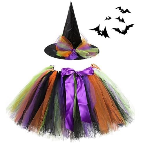 WAVATA Hexenkostüm Mädchen, Hexenkostüm Kinder, Halloween-Karnevalskostüm, Tüllrock-Tutu, bunt, Accessoires Hexenhut, Hexen-Maskerade-Kostüm-Set-2 von WAVATA