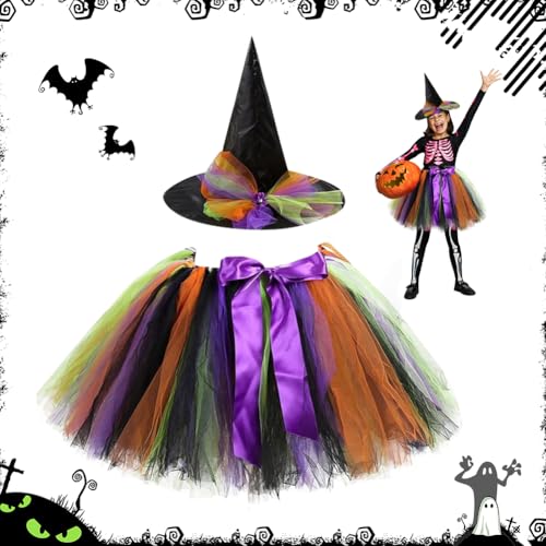 WAVATA Halloween kostüm für Kinder, Hexenkostüm für Mädchen, Halloween-Karnevalskostüm, Tüllrock-Tutu, bunt, Accessoires Hexenhut, Hexen-Maskerade-Kostüm-Set-2 von WAVATA