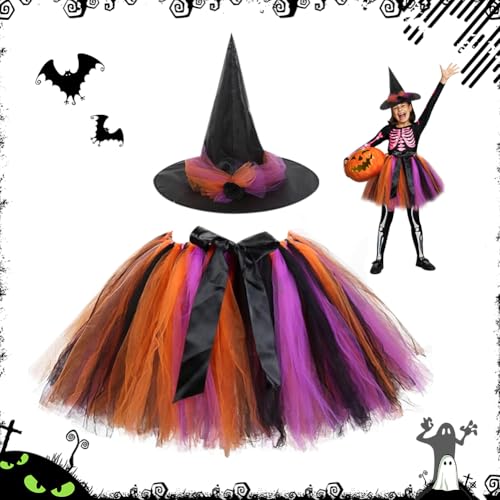 WAVATA Halloween kostüm für Kinder, Hexenkostüm Kinder, Halloween-Karnevalskostüm, Tüllrock-Tutu, bunt, Accessoires Hexenhut, Hexen-Maskerade-Kostüm-Set von WAVATA