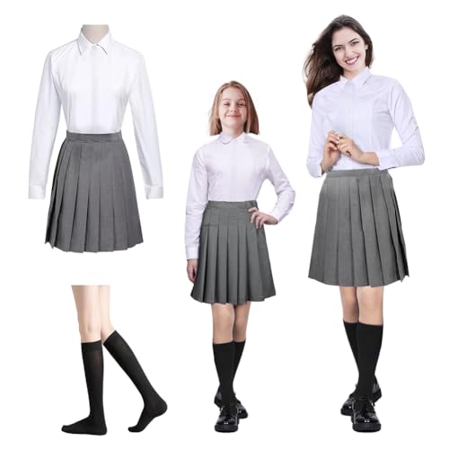 WAVATA Zauberer Set Bluse Rock Krawatte Striped Tie Socken für Kinder Erwachsene Zubehör Set zum Fasching Karneval Halloween Geburtstag Themensparty Mädchen Damen Faltenrock (Mädchen-115) von WAVATA