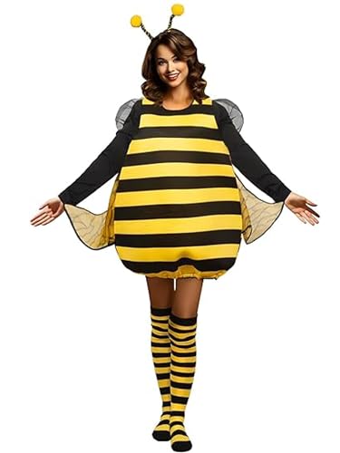 WAVDSYB Bienenkostüm-Set für Erwachsene, Damen, Halloween, Party, Cosplay, Kostüm, figurbetontes Kleid mit Kapuze und Reißverschluss mit Flügeln (Tunic+Stirnband+Flügel+Socken, M_STANDARD) von WAVDSYB