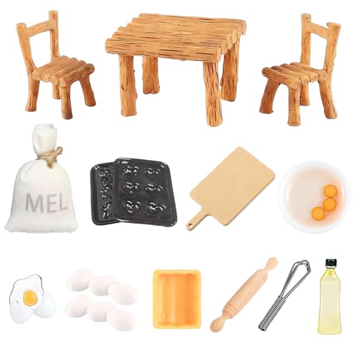 19 Stück Miniatur Backen Zubehör, Miniatur Puppenhaus Zubehör, Miniatur Eier Mini Tisch und Stühle Nudelholz, Wichtel Zubehör Puppenhaus Küchen Backset, für DIY Weihnachten Deko (Holzfarbe) von WAYBWZDQ