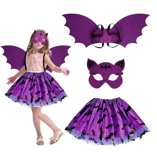 WAYBWZDQ Halloween Fledermaus Kostüm Kinder, Fledermauskostüm Mädchen mit Maske, Tutu, Fledermausflügel, Vampirfledermaus Fledermaus Outfit Violett Kinder für Halloween, Party, Cosplay von WAYBWZDQ