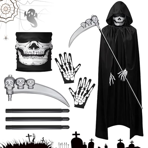 Halloween Sensenmann Kostüm Erwachsene, Sensenmann Kostüm mit Skelett Gesichtstuch, Plastiksense, Skelett Handschuhe, Umhang, Halloween Kostüm Kinder Herren Damen Unisex für Cosplay (Schwarz) von WAYBWZDQ