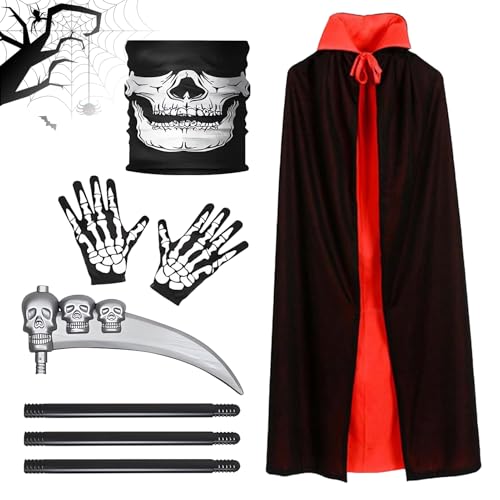 Halloween Sensenmann Kostüm Erwachsene, Vampir Kostüm mit Skelett Gesichtstuch, Plastiksense, Skelett Handschuhe, Umhang, Halloween Kostüm Kinder Herren Damen Unisex für Cosplay (Schwarz Rot) von WAYBWZDQ