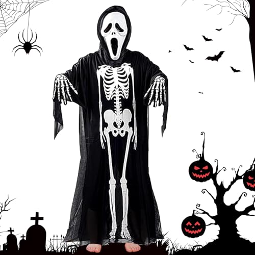 WAYBWZDQ Halloween Skelett Kostüm, Kostüm Scary Skeleton Halloween Skelett Overall mit Halloween Skelett Gesichtsmaske, Halloween Schädel Handschuhe und Skelett Robe für Halloween Cosplay von WAYBWZDQ