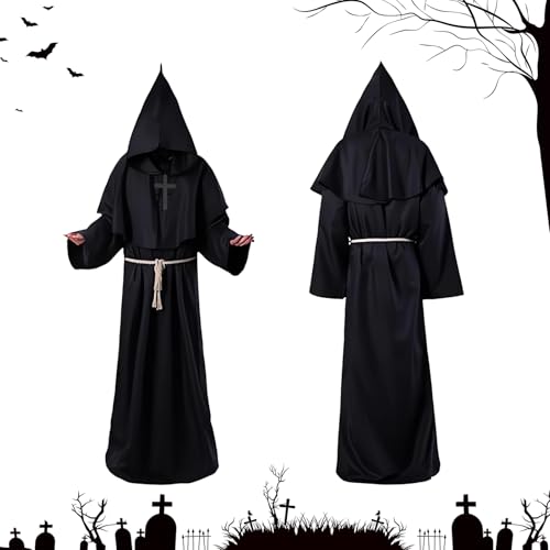 WAYBWZDQ Mönch Robe Kostüm Mönch Priester Gewand Kostüme Herren Mönchskutte Umhang, Mönch Priester Robe Kostüm Schwarz mit Kapuze und Kreuz Halskette, für Halloween Cosplay Karneval von WAYBWZDQ