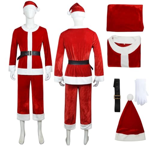 WAZHAKU 5-Teilig Weihnachtsmann Kostüm Herren Nikolaus Kostüm Erwachsenen Santa Claus Cosplay Verkleidung Weihnachtsmannkostüm für Erwachsene, Weihnachtskostüm für Herren und Damen von WAZHAKU