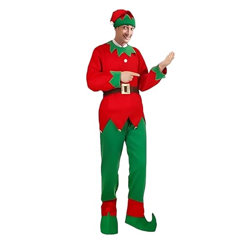 WAZHAKU Weihnachtself Kostüm Herren Elben Kostüm Kinder Weihnachtswichtel Kostüm Weihnachtswichtel Mütze Passende Hose Schwarzer Gürtel Weihnachtself Schuhe Weihnachtsanzug Cosplay von WAZHAKU