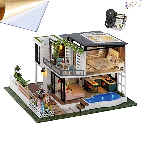 WonDerfulC 3D Holz Miniatur Puppenhaus Möbel Kit DIY Zusammenbau Moderne Grünpflanzen Garten Modell Gebäude Haus 1:24 Maßstab mit Staubschutz Neujahr Geschenk, a086, Mehrfarbig von WDC