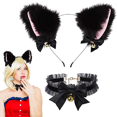 Katzenohren Haarschmuck, Katze Ohr Stirnband Haarband, Halskette Katze Cosplay Set, Cat Ears Headband Haarschmuck, mit Glöckchen Kragen Halskette Halsband, für Karneval Kinder Erwachsene von CaiYuanGJ