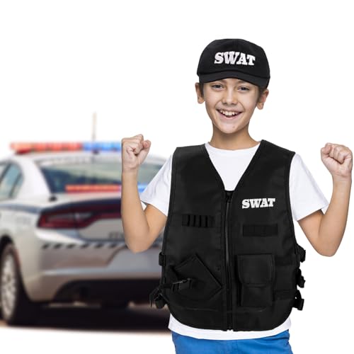 L Swat Kostüm Kinder Mütze Swat Satz Geheimagent Kostüm Kinder Polizei Mütze Einsatzweste Swat Polizei Hut Kostüm Polizei Kopfbedeckung Swat Weste Kinder für Geheimagent Karneval Mottoparty Cosplay von WDFCN