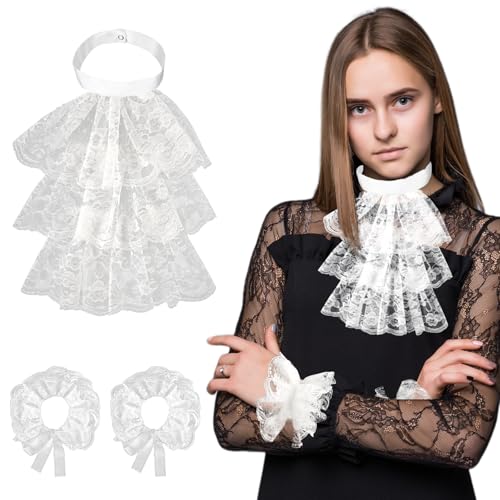 WDFCN 3 Stück Jabot Karneval Satz Viktorianisch Halskrause Jabot mit 2 Manschetten Spitzenmanschetten Spitzenkragen Weiß Edelmann für Accessoire Kostüm Karneval Halloween von WDFCN