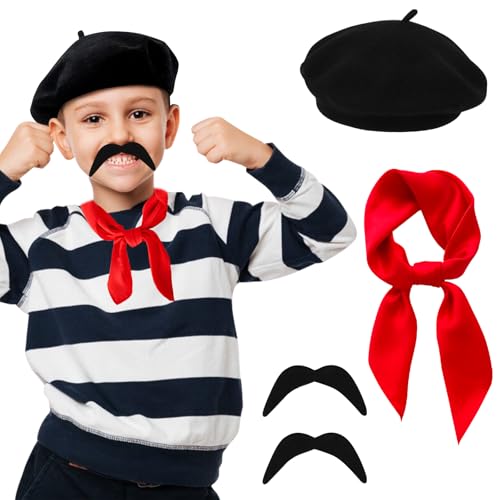 WDFCN 4 Stück Französisches Kostüm Satz Baskenmütze Schwarz 2 Schnurrbart Seidentuch Chiffon Selbstklebend Bandana Halstuch Mütze für Karneval Mottoparty Mann Frau Cosplay von WDFCN