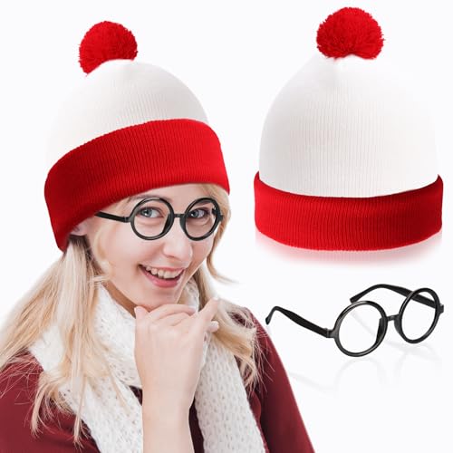 WDFCN L Strickmütze Rot Weiß Nerd Brille Satz Bommelmütze Partybrille Nerd Retro Zweifarbige Mütze Runde Brille Erwachsene für Karneval Charakter Zubehör Weltbuchwoche Tag Kostüm Parteien von WDFCN