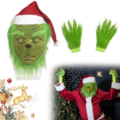 Grin Kostüm Maske mit Weihnachtsmütze und Handschuhen, Grün Gruselige Monster Kopfmaske mit Grünem Pelzigem, Lustiges Christmas Pelziges Kostüm Requisiten für Halloween und Weihnachten Cosplay von WDJLNZB