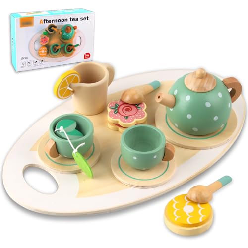 Teeservice Kinder Holz, Kinderküche Zubehör Tee Set Holzspielzeug, Puppengeschirr Spielküche Zubehör, Teeparty Spielküche Rollenspiele Geschenk für Kinder Mädchen Jungen von WDJLNZB