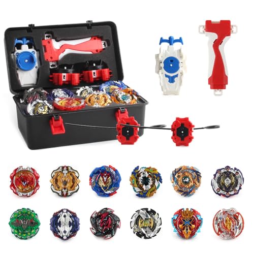 Bey Burst Turbo Blade Set, 12 WDKXCN Stück Bey Kampfkreisel mit Kasten Metal Fusion und Launcher Griff, Bey-bla-de Starter Set, Bey Arena Blade Burst Turbo Set, Geschenk für Kinder Ab 6 Jahren von WDKXCN