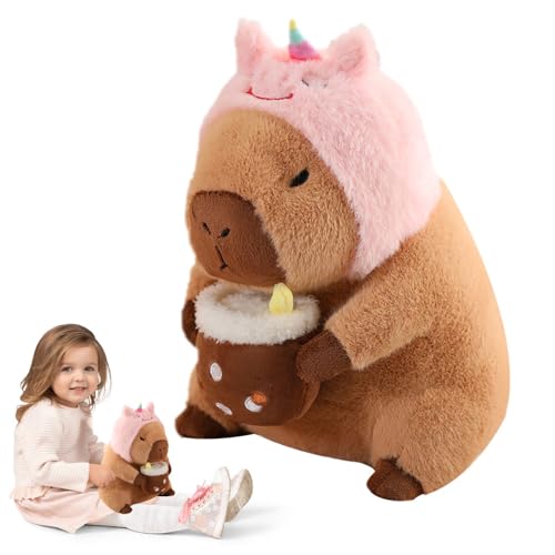 WDKXCN 30cm Capybara Plüschtier, Capybara Kuscheltier mit Rosa Hut und Tassen, Niedlichen Wasserschwein Kuscheltier, Kuscheltier Capybara, Plüschtier Spielzeug, Kinder von WDKXCN