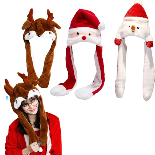 WDKXCN 3PCS Weihnachten Tier Hüte Beweglich, Lustige Plüsch weihnachtsmütze mit Aufklappbaren Ohrenklappen, Elchmütze Schneemann Hut Weihnachten Partyhut, Party Kostüm für Kinder Erwachsene von WDKXCN