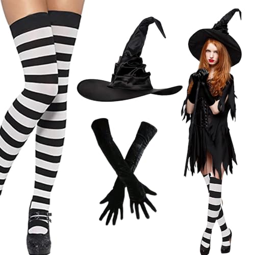 WDKXCN 3stk Halloween Hexenkostüm Damen, Halloween Hexenhut Erwachsene, Halloween Hexen Hut mit Hohen Socken Handschuhe, Hexenhut-Partyzubehör für Cosplay-Partydekoration Halloween von WDKXCN