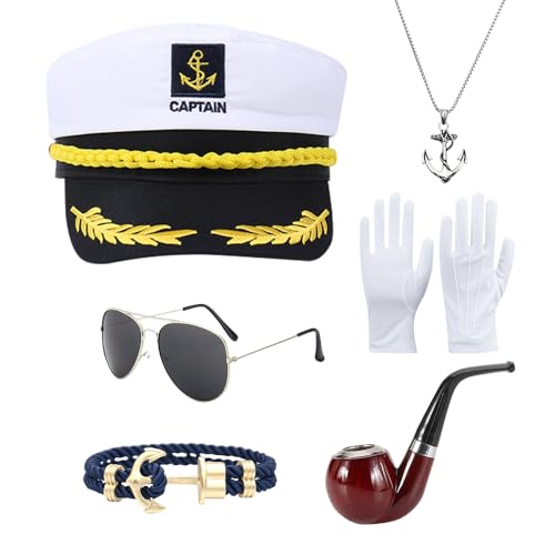 WDKXCN 6 Stück Kapitänsmütze Kapitän Kostüm Set, Yacht Kapitän Hut Verstellbare Marine Mütze mit Sonnenbrille, Kapitän Prop, Handschuhe, Matrosenmütze für Erwachsene für Halloween Mottoparty Cospla von WDKXCN