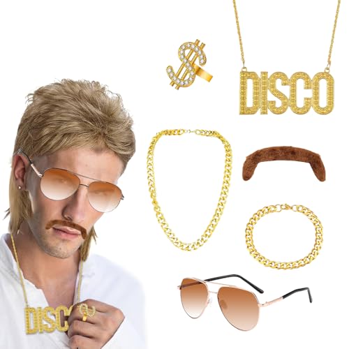 WDKXCN 80er Jahre Outfit Herren, 7 Pcs 80er Jahre Accessoires Mit Goldkette, Vokuhila Perücke Herren, Sonnenbrille, Schnurrbart, Goldring, Zuhälter Kostüm, Mottoparty 80er Jahre Outfit von WDKXCN