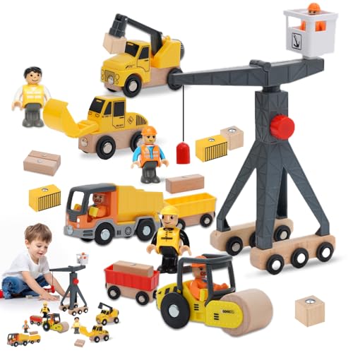 WDKXCN Baustellenfahrzeuge Kinder, Holzspielzeug, Spielzeug Baustelle Kinder，Kranspielzeug, Minibagger, Bulldozer Spielzeug, Spiel-Set für Kinder ab 3 Jahren von WDKXCN