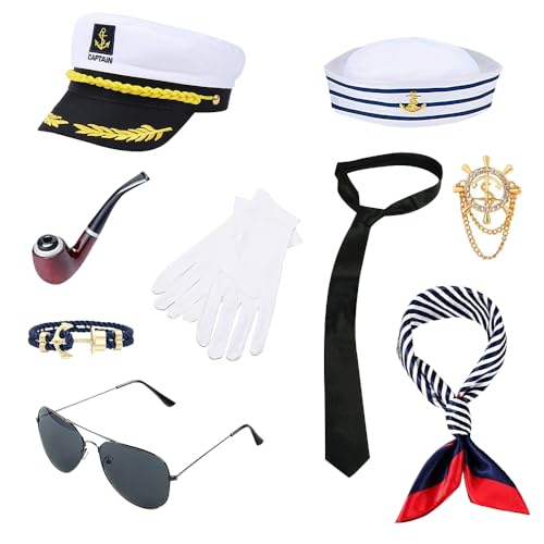 WDKXCN Captain Sailor Zubehör-Set, 9-teiliges Matrosen-Kostüm-Set mit Matrosenhut, Sonnenbrille, Seidenschal, Krawatte, Anker, Abzeichen, Handschuhe, Pfeife, Captain Sailor Halloween-Kostüm für Herren WDKXCN Captain Sailor Zubehör-Set, 9-teiliges Matrosen-Kostüm-Set mit Matrosenhut, Sonnenbrille, Seidenschal, Krawatte, Anker, Abzeichen, Handschuhe, Pfeife, Captain Sailor Halloween-Kostüm für Herren von WDKXCN