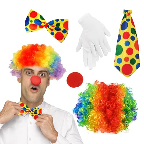 WDKXCN Clown Kostüm, 5 Pcs Clown Kostüm Herren mit Clown Perücke, Clownsnase, Fliege, Krawatte und Handschuhen, Clown Zubehör Clown Accessoires Kinder Erwachsene, Kostüm Clown für Cosplay Partys von WDKXCN