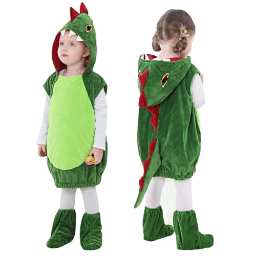 WDKXCN Dinosaurier Kostüm Kinder, Jumpsuit Dino Kostüm Kinder, Dinosaur Costume Kids mit Schuhüberzug, Drache Kostüm Kinder für Jungen und Mädchen, Halloween Karneval Kostüm Outfit, Größen, M von WDKXCN